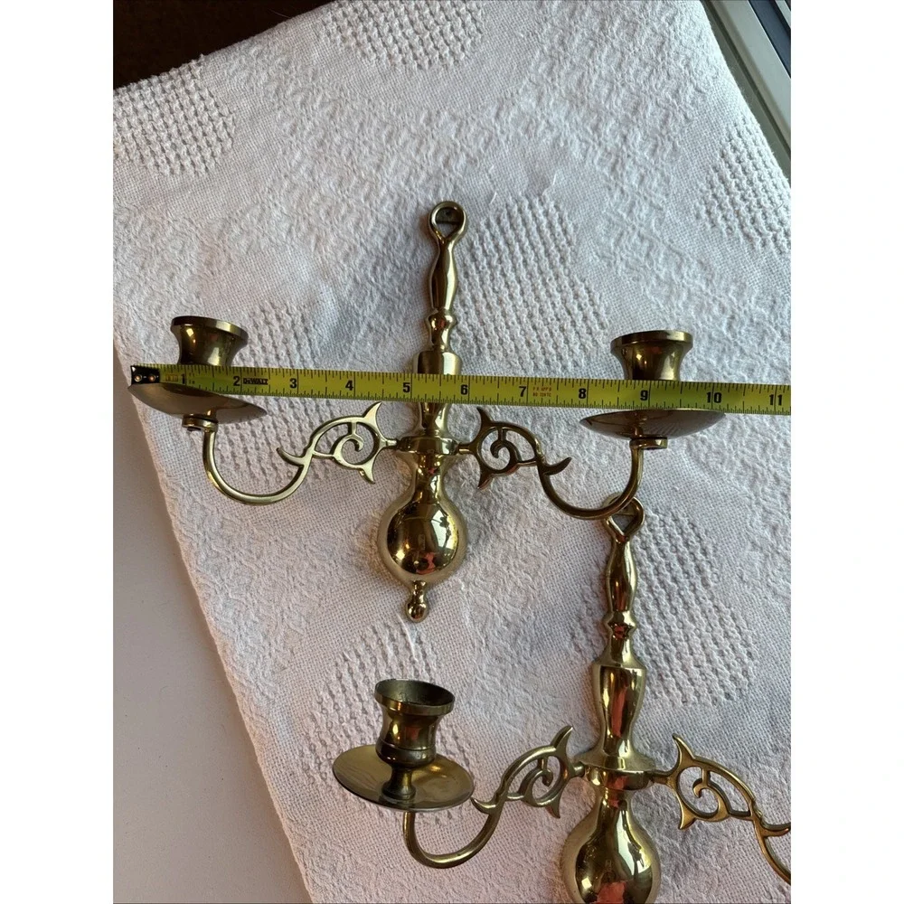 VTG Brass 2-Arm Wall Sconce Candle Holders Polished Gold Baroque Scroll Set of 2